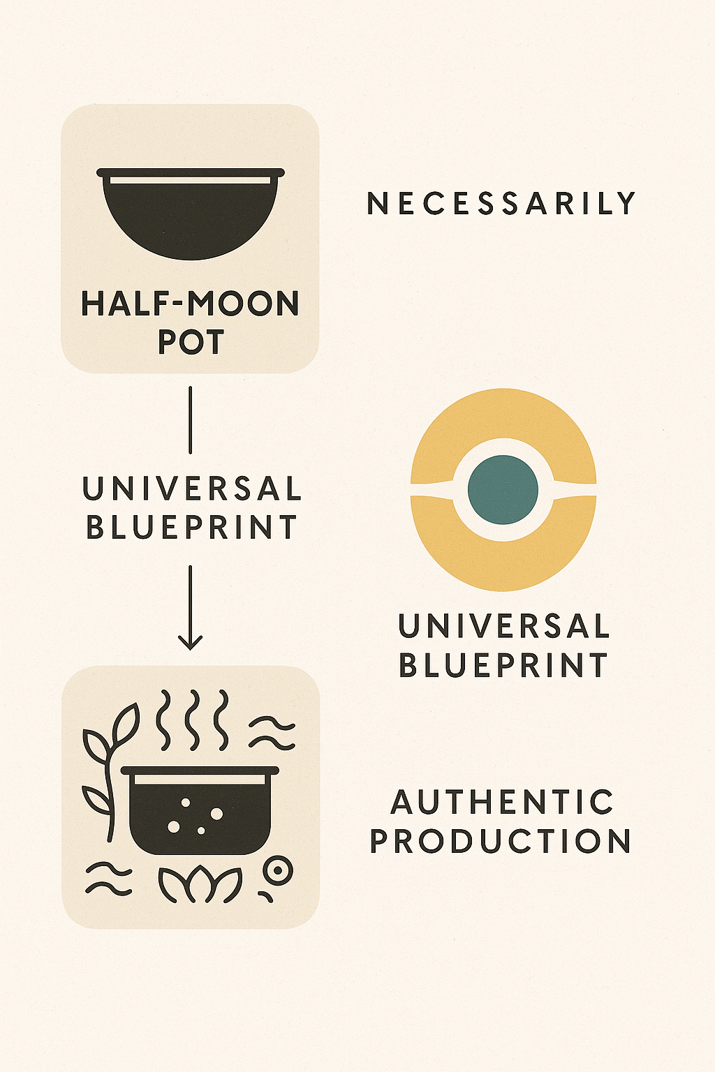 Half-Moon Pot Cooking: From Universal Blueprint to Authentic Production
